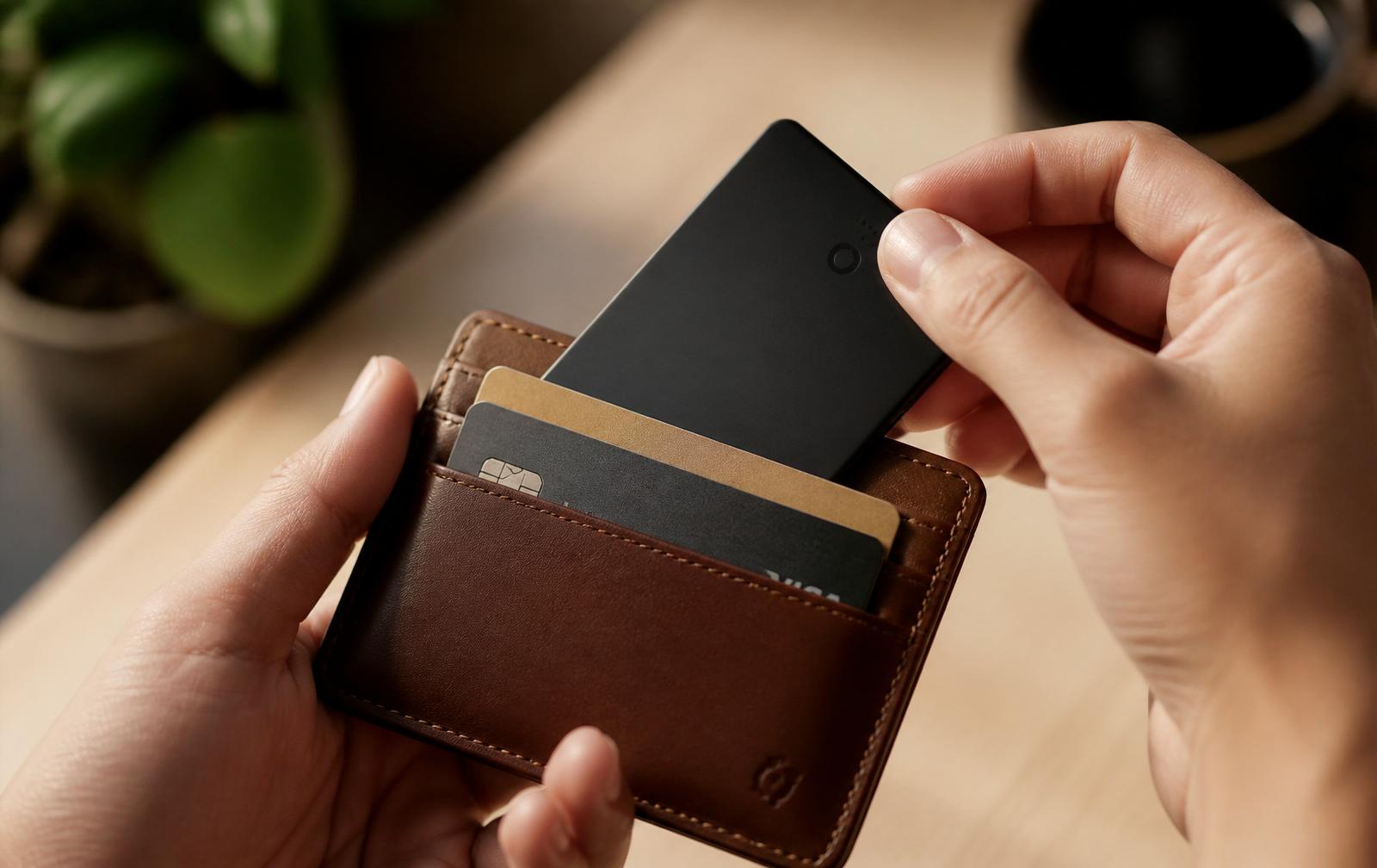 Slyde slipping into a leather wallet